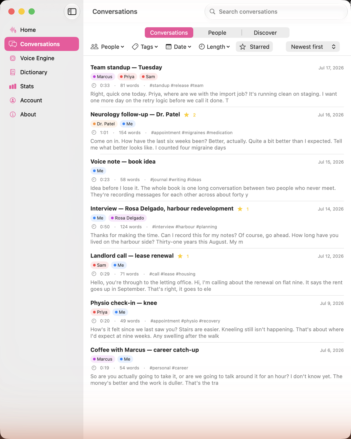 The conversation library: a scrollable list of conversations, each with a title, participant chips, duration, word count, tags, and a snippet, with filter and search controls above.